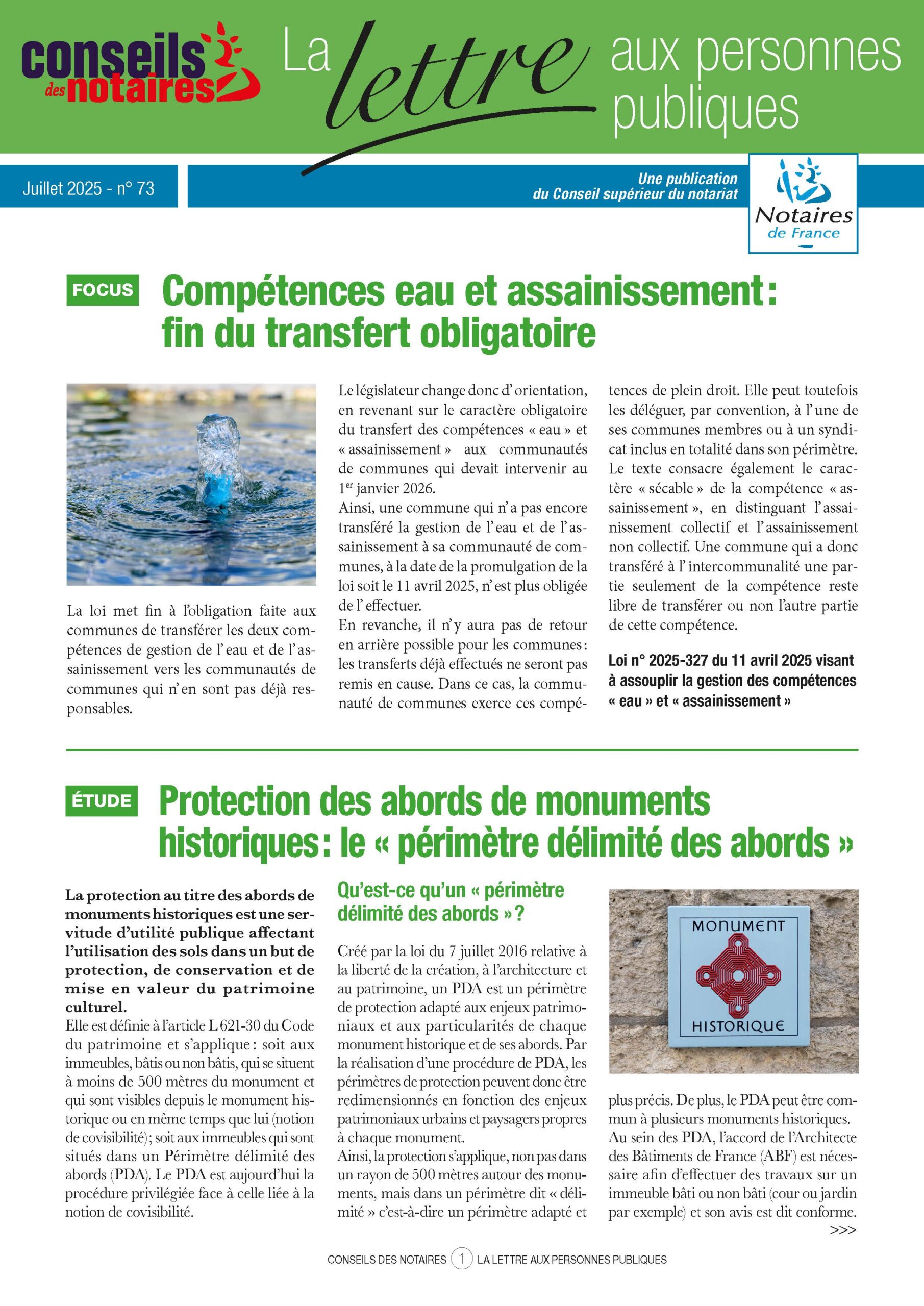 Juillet 2025. Lettre Conseils des notaires aux personnes publiques 73