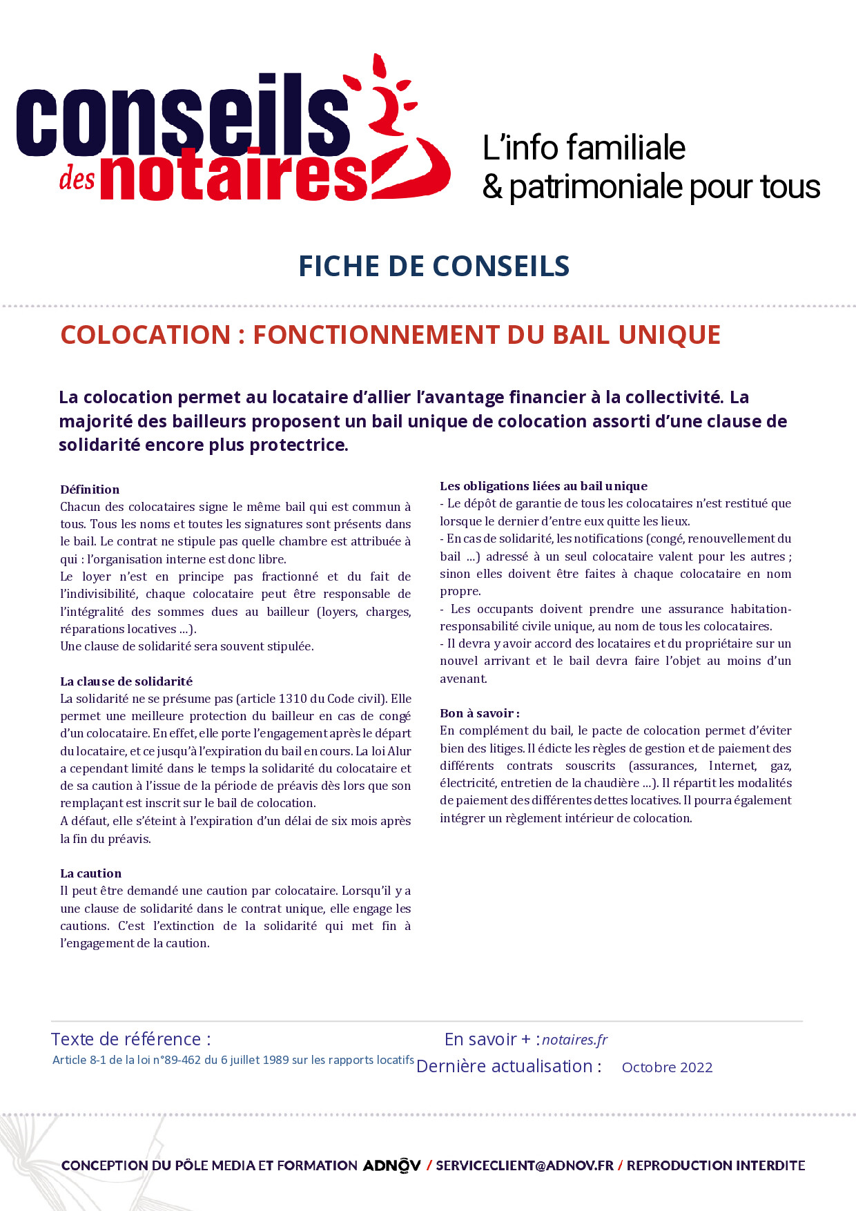 COLOCATION FONCTIONNEMENT BAIL UNIQUE - Conseils des notaires